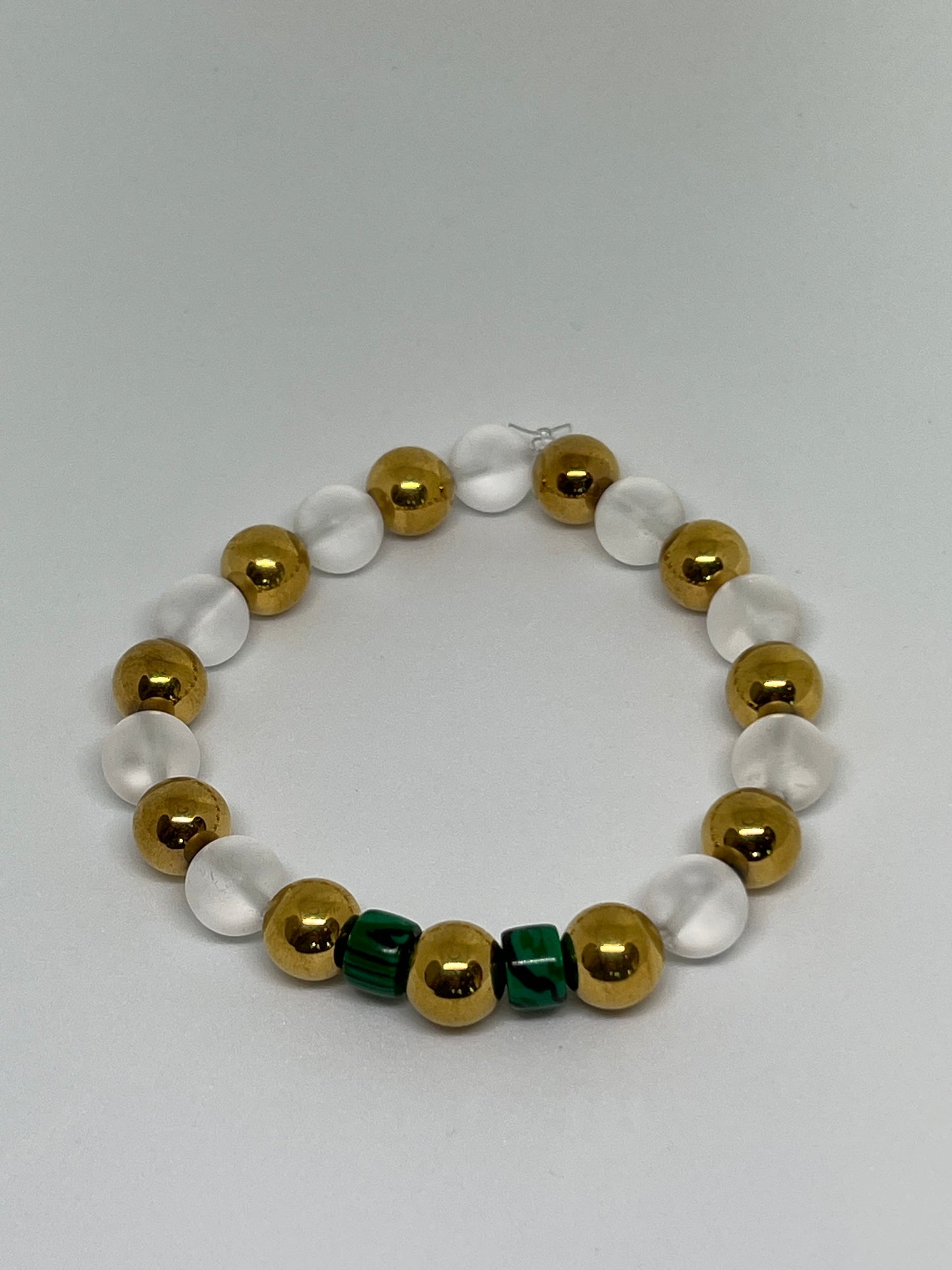 Matte Clear Quartz 10mm w/ Gold Plated Hematite (Malachite beads)