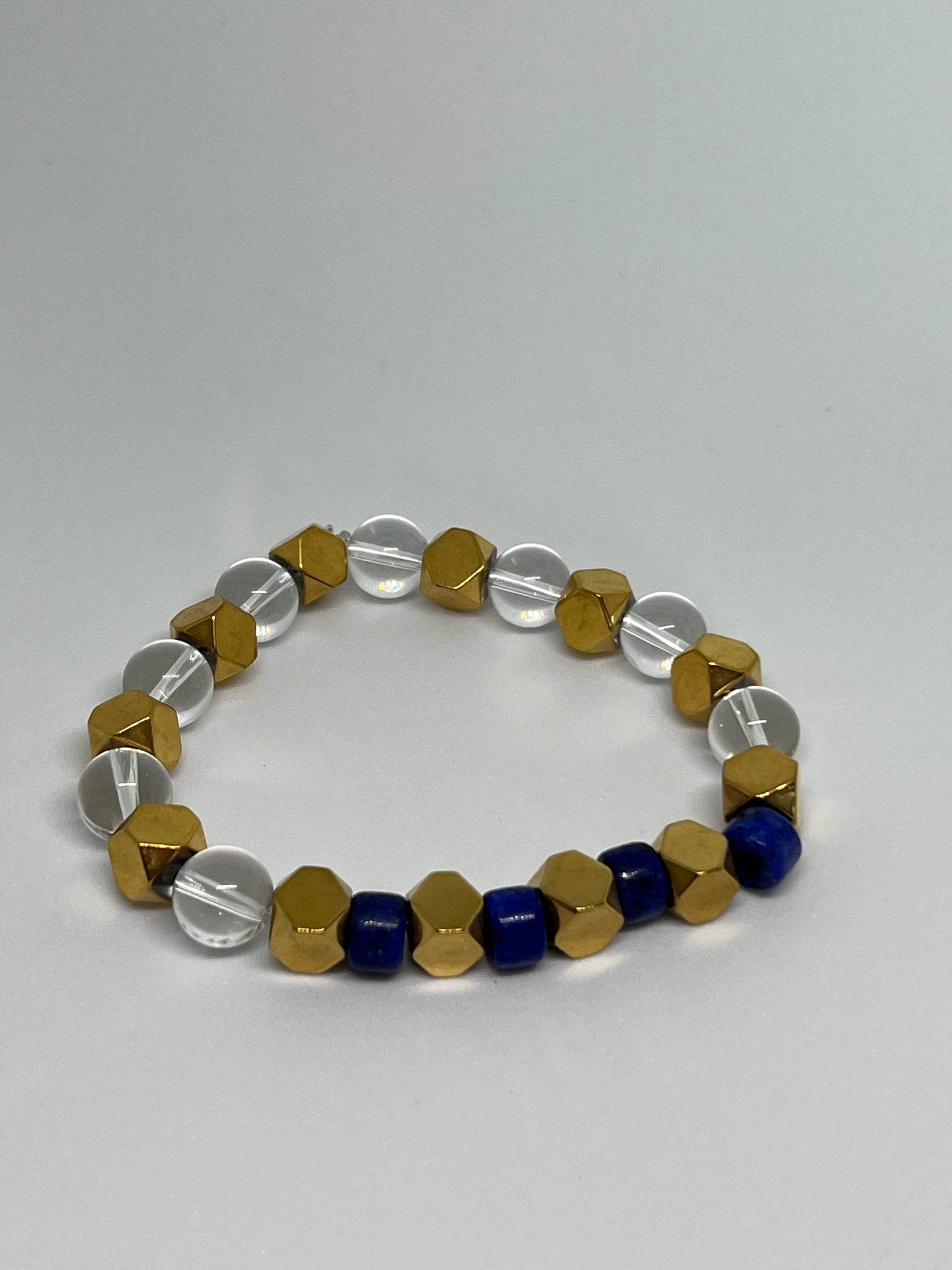 Crystal Clear Quartz 10mm w/ Gold Plated Hematite (Lapis Lazuli beads)