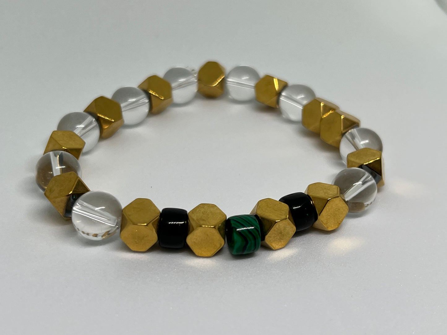 Crystal Clear Quartz 10mm w/ Gold Plated Hematite (Black Obsidian and Malachite beads)