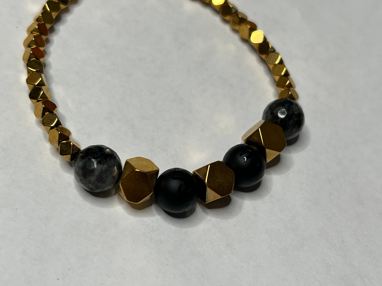 Larvikite, Gold Plated Hematite and Black Lava Stone
