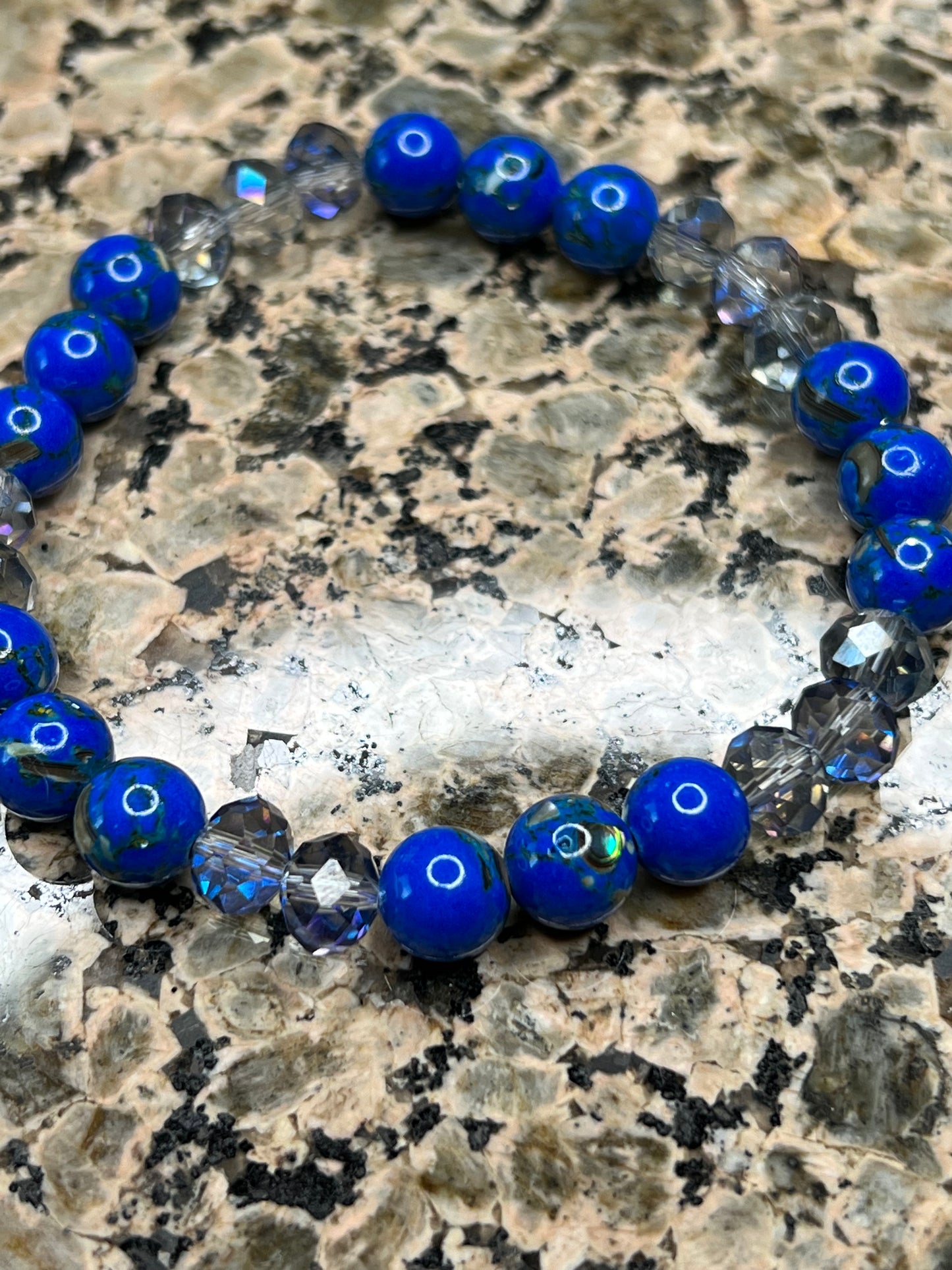 Manmade Turquoise Dyed Lapis Blue with Shell and Glass Crystal Bracelet