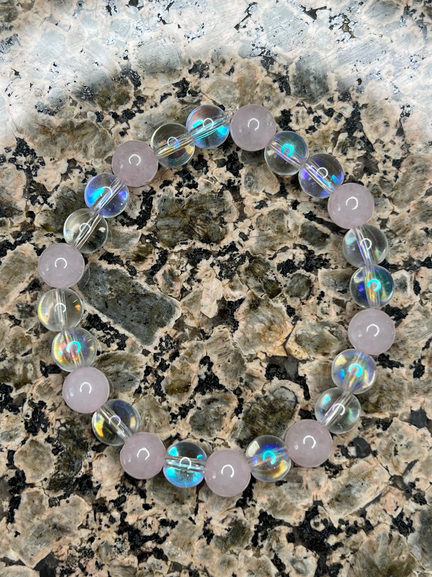 Rose Quartz and Iridescent Glass Bracelet