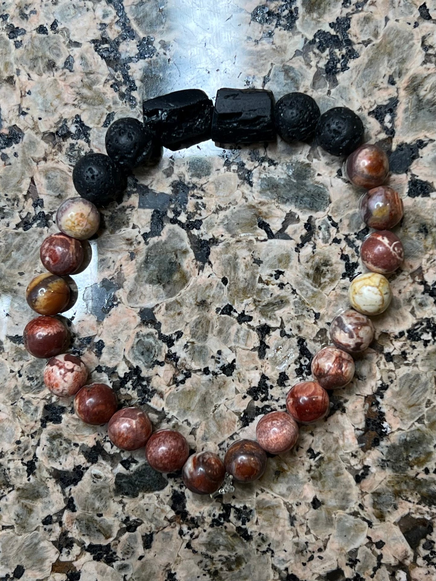 Bird’s Eye Rhyolite, Tourmaline and Lava Beads