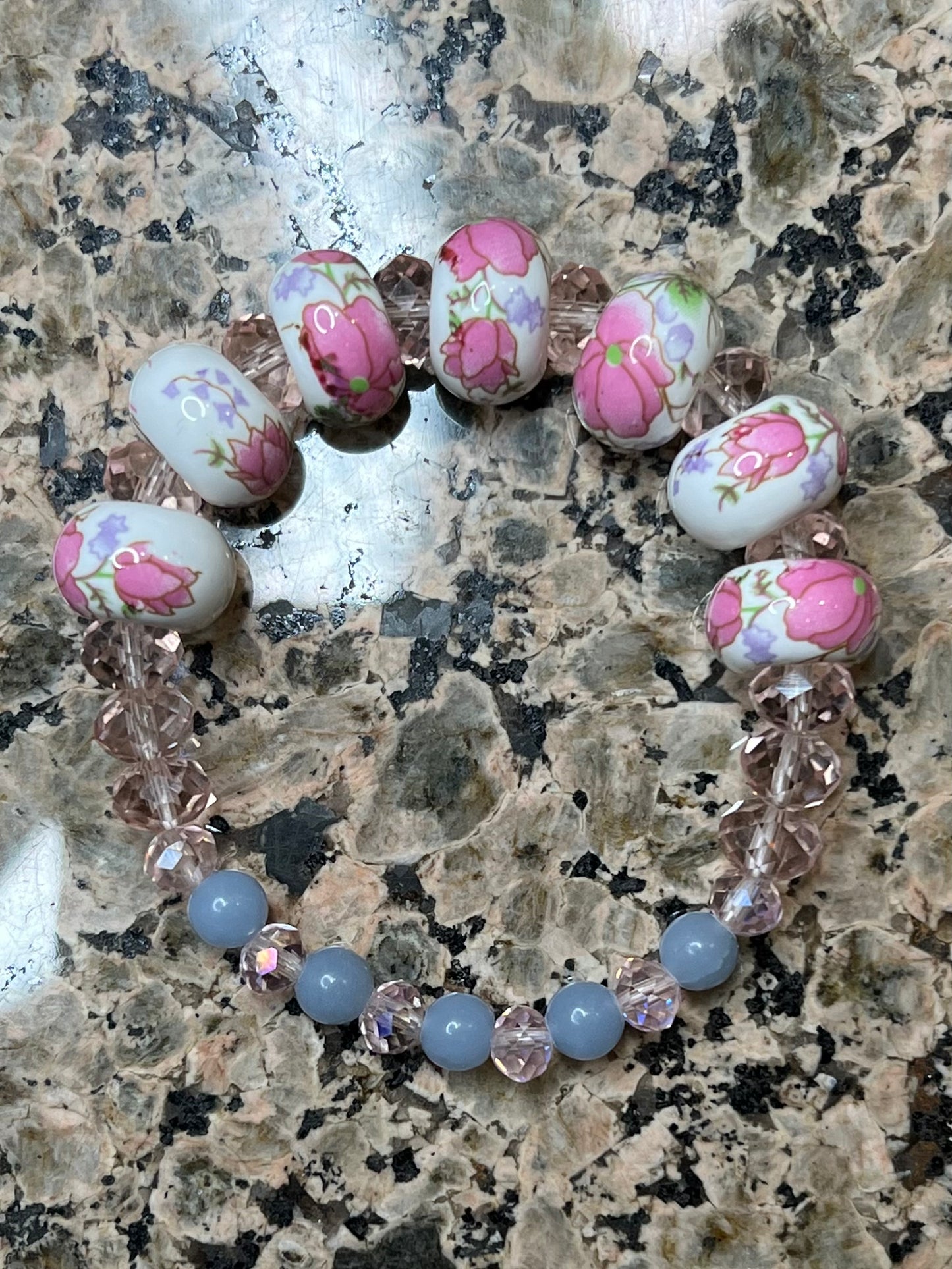 Blue Angelite, Floral Ceramic and Glass Crystal Beads