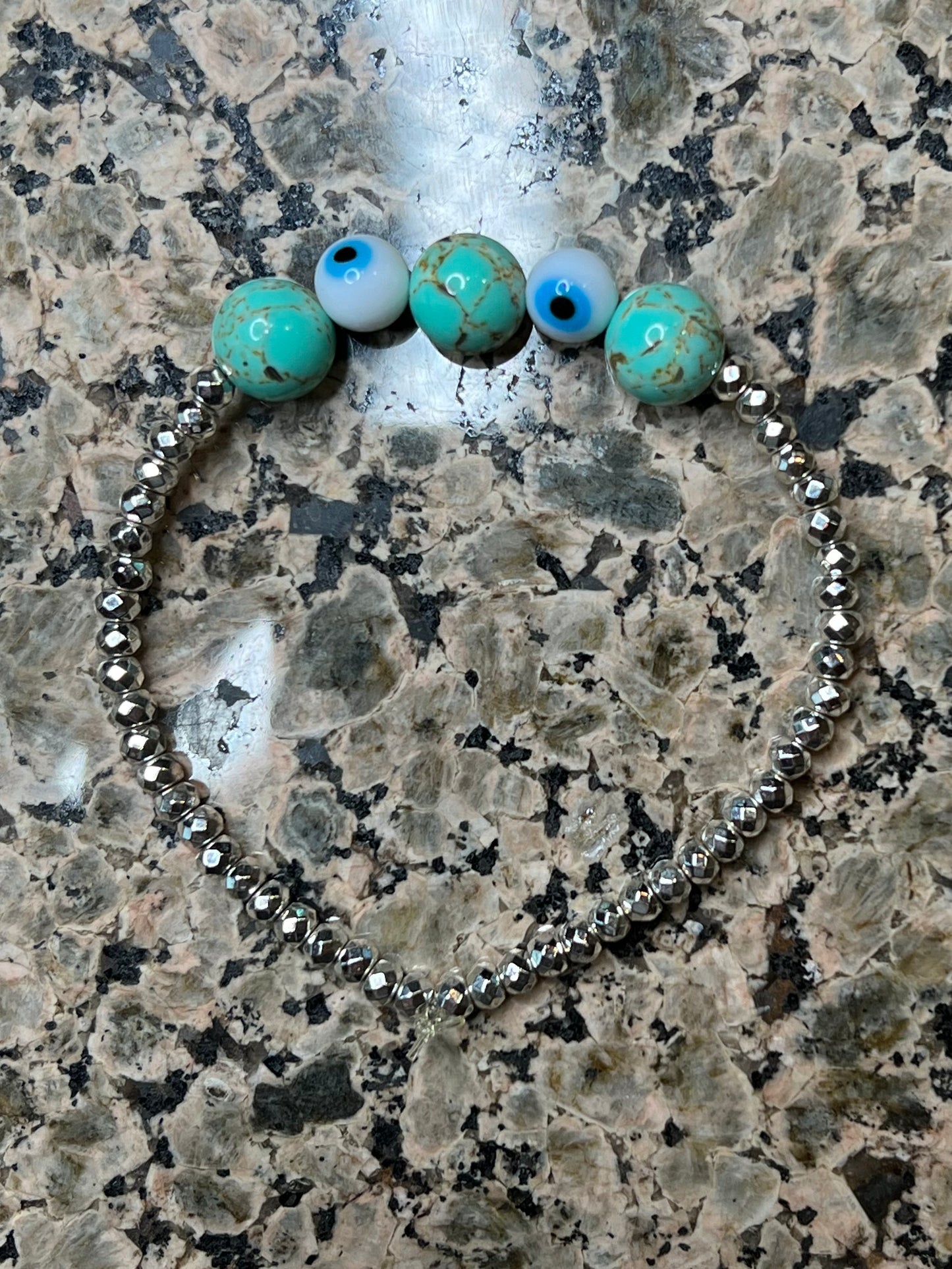Silver Plated Hematite with Manmade Turquoise with Crushed Shells and Evil Eye